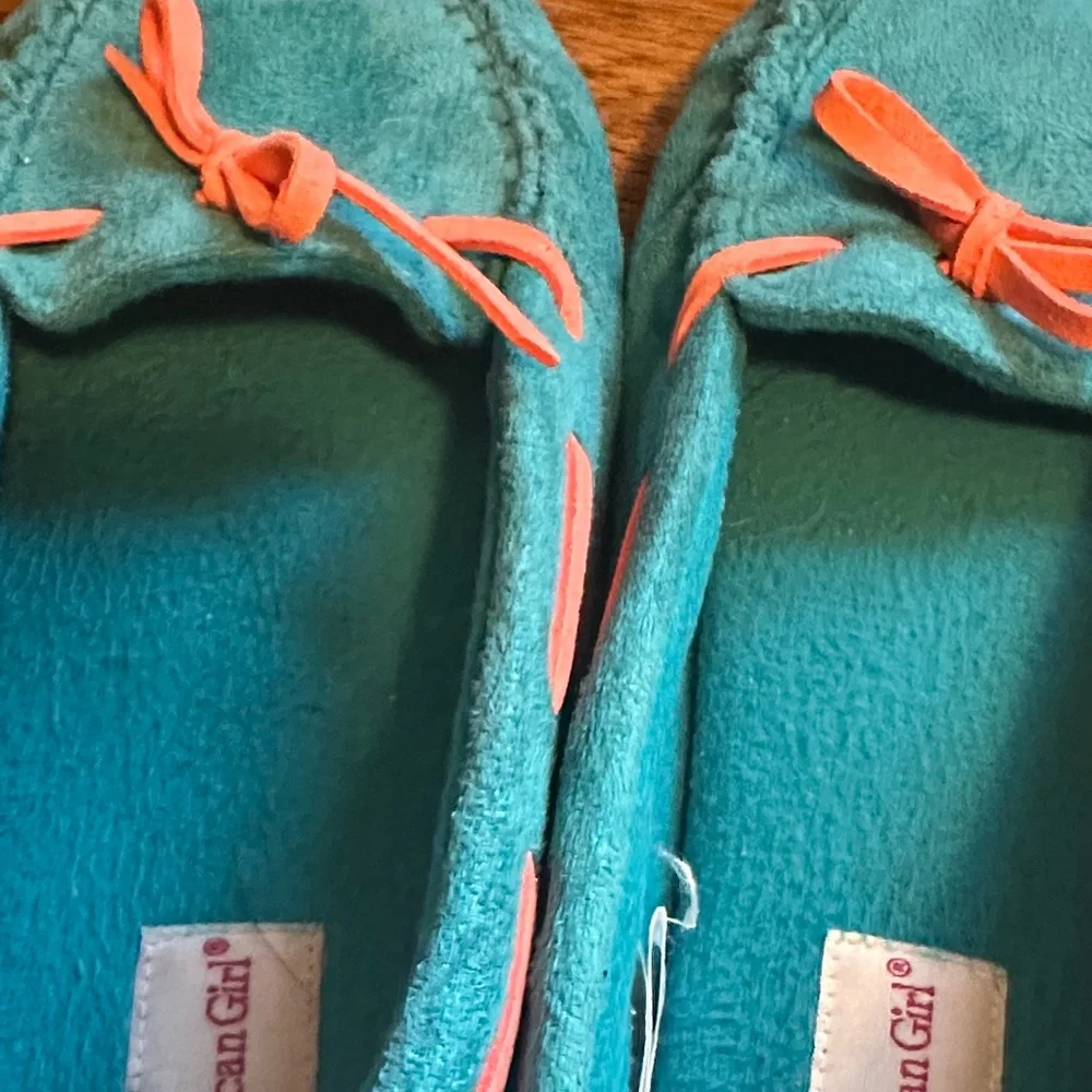 American Girl Teal Moccasins with Coral Details